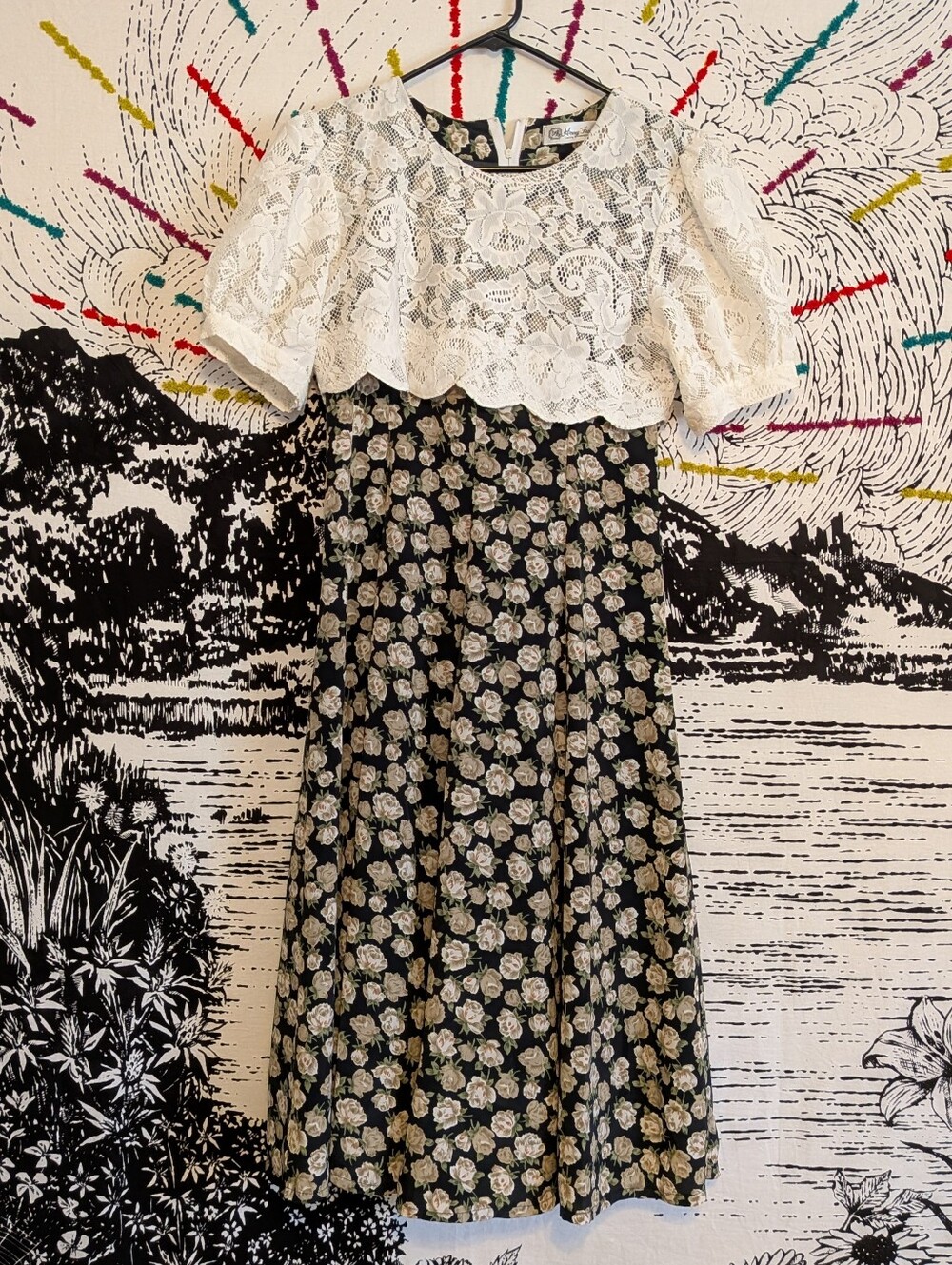 Vintage 90s Floral Lace Cottagecore Fairycore Midi Dress